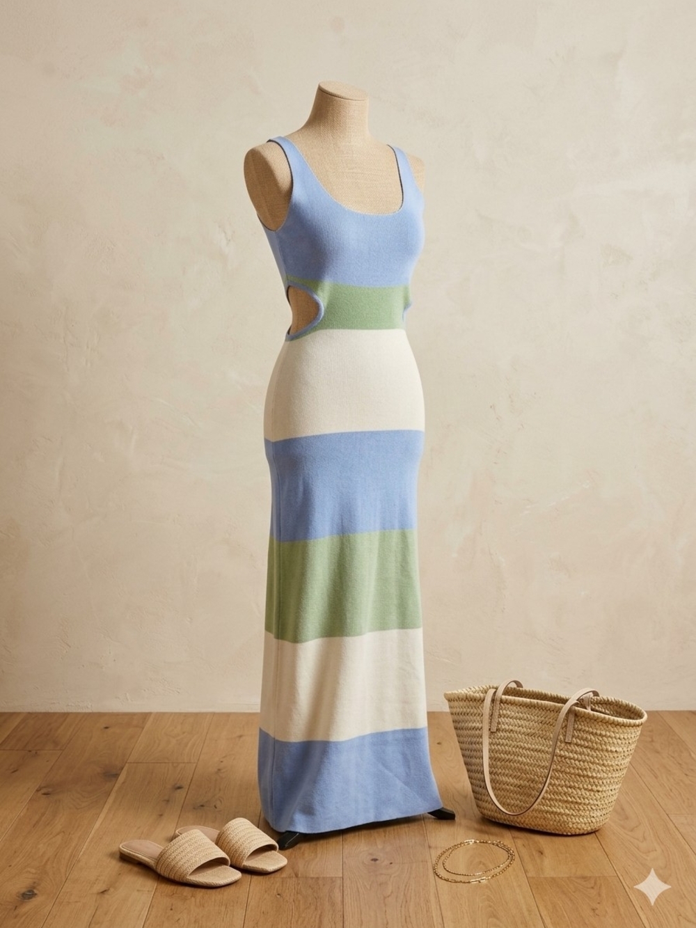 Sleeveless Striped Maxi Dress in Blue, Green & Cream